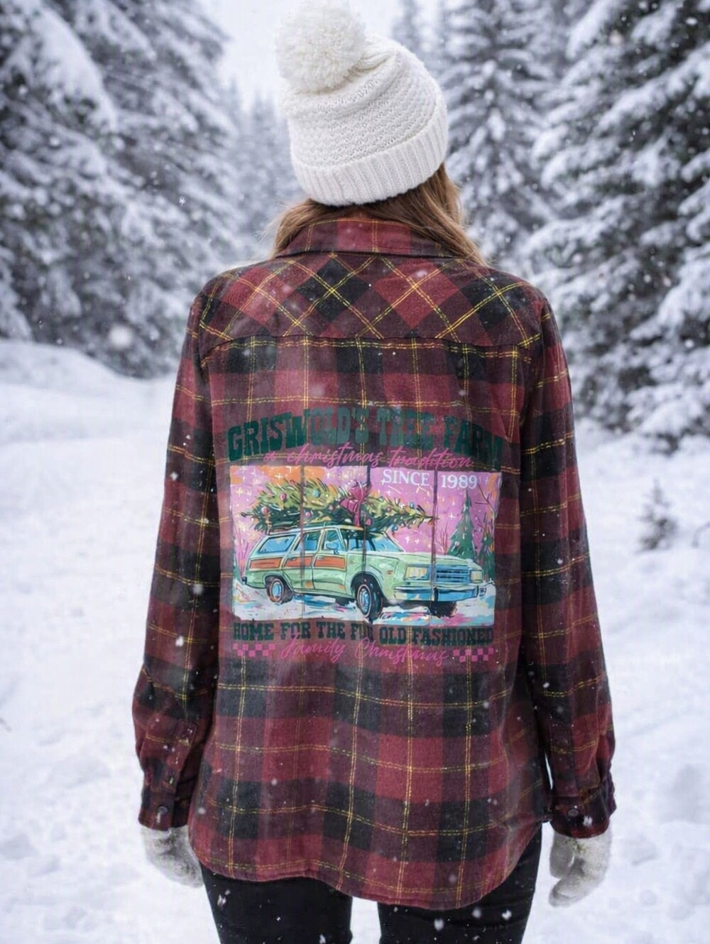 Upcycled Griswold Christmas Plaid Flannel Shirt Vintage Holiday Graphic. #0025